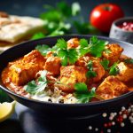 indian sauce dark curry traditional coriander restaurant recipe background asian oriental dinner bowl cuisine cookery hot masala rice chicken meat dish. Generative AI.